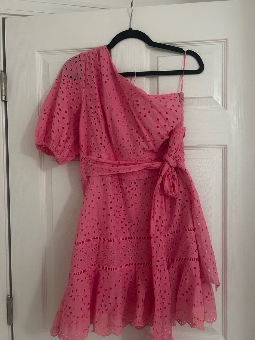 Pink One-Shoulder Eyelet Dress with Waist Tie